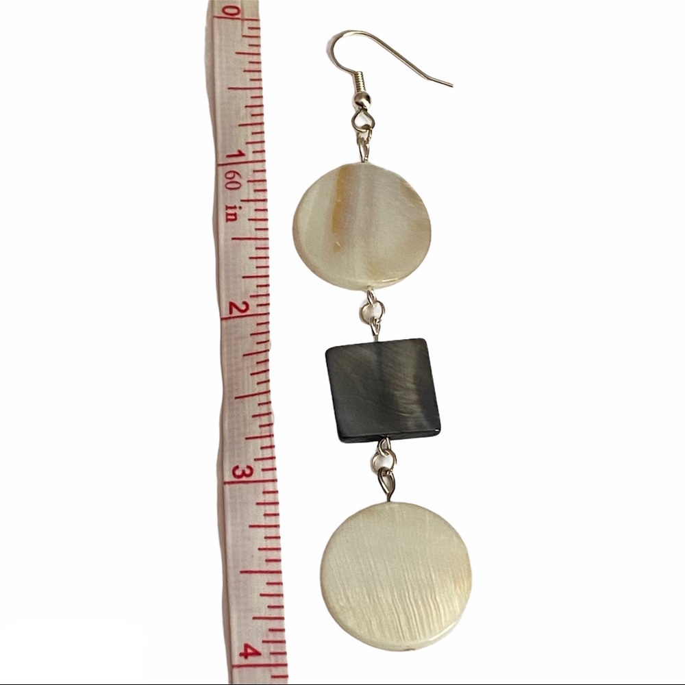 Hand Crafted Mother Of Pearl Earrings Dangle White & Steel Blue Handmade - Picture 6 of 6